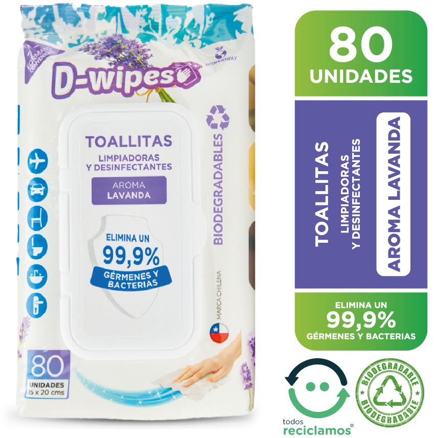 Toallas desinfectantes lavanda biodegradable 80 Un D - WIPES - D - WIPES - Aldea Nativa