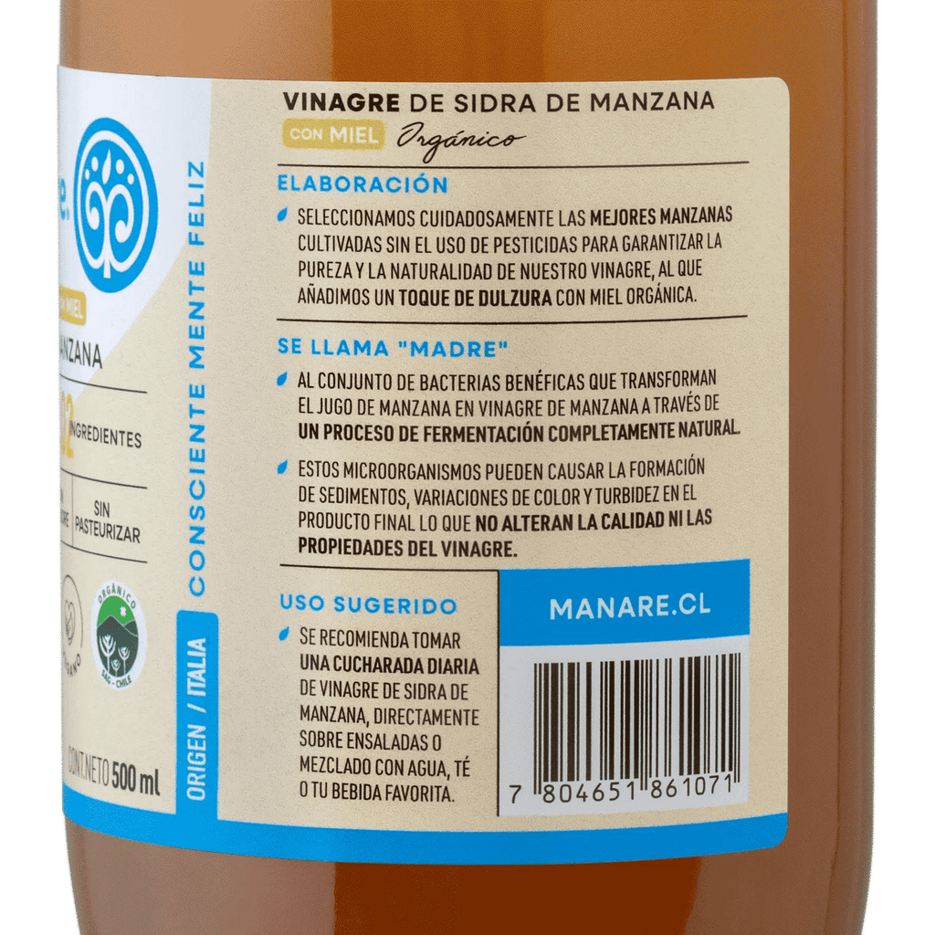 Vinagre de manzana miel 500 ml Manare - MANARE - Aldea Nativa
