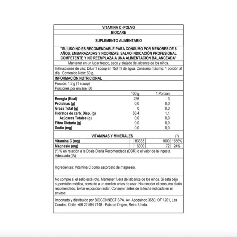 Vitamina C En Polvo Biocare 60 Gr - BIOCARE - Aldea Nativa