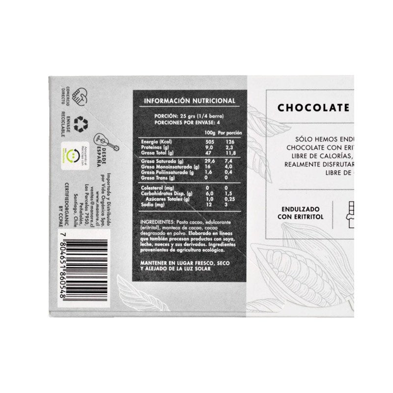 Chocolate Sin Azucar 79% Cacao 100 Gr - MANARE - Aldea Nativa